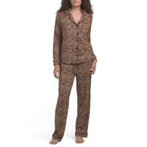 PILLOW TALK Brown 2pc Cheetah Print Long Sleeve Notch Collar Pajama Set